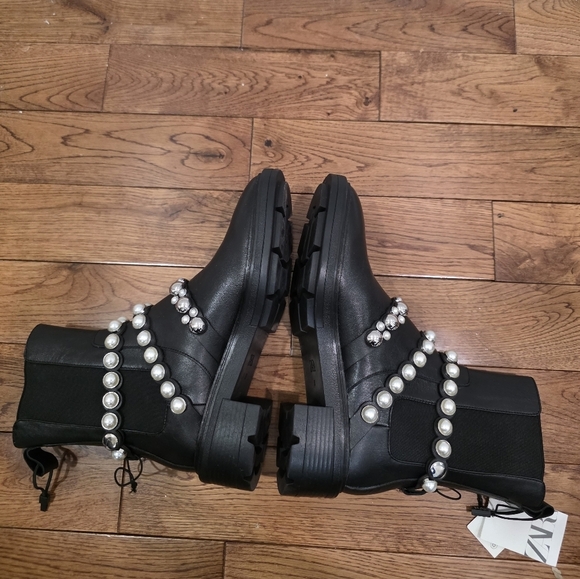 Zara Pearl Strap Black Leather Chelsea Boots Blogger Fav 38 - Picture 14 of 16